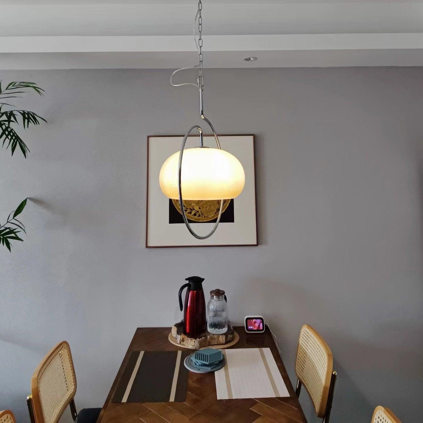 Vintage Bauhaus Medieval Pendant Lamp Chrome Cream Glass Hanging Fixture Retro Lighting