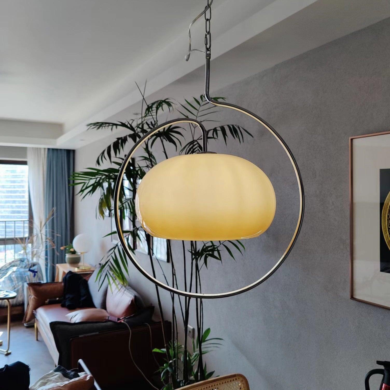 Vintage Bauhaus Medieval Pendant Lamp Chrome Cream Glass Hanging Fixture Retro Lighting