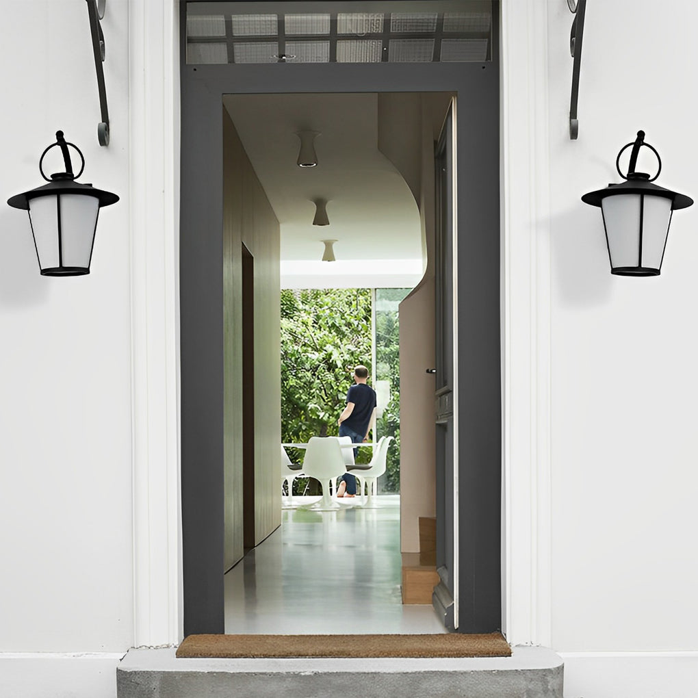 Vintage Black Outdoor Wall Sconce with White Opal Frosted Glass Cylinder Shade