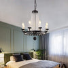 Vintage Black Wagon Wheel Candle Chandelier with Cascading Clear Crystals and Adjustable Chain