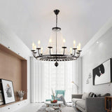 Vintage Black Wagon Wheel Candle Chandelier with Cascading Clear Crystals and Adjustable Chain