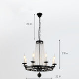 Vintage Black Wagon Wheel Candle Chandelier with Cascading Clear Crystals and Adjustable Chain