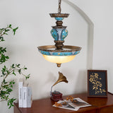 Vintage Blue Floral Resin Recessed Ceiling Light with White Glass Shade