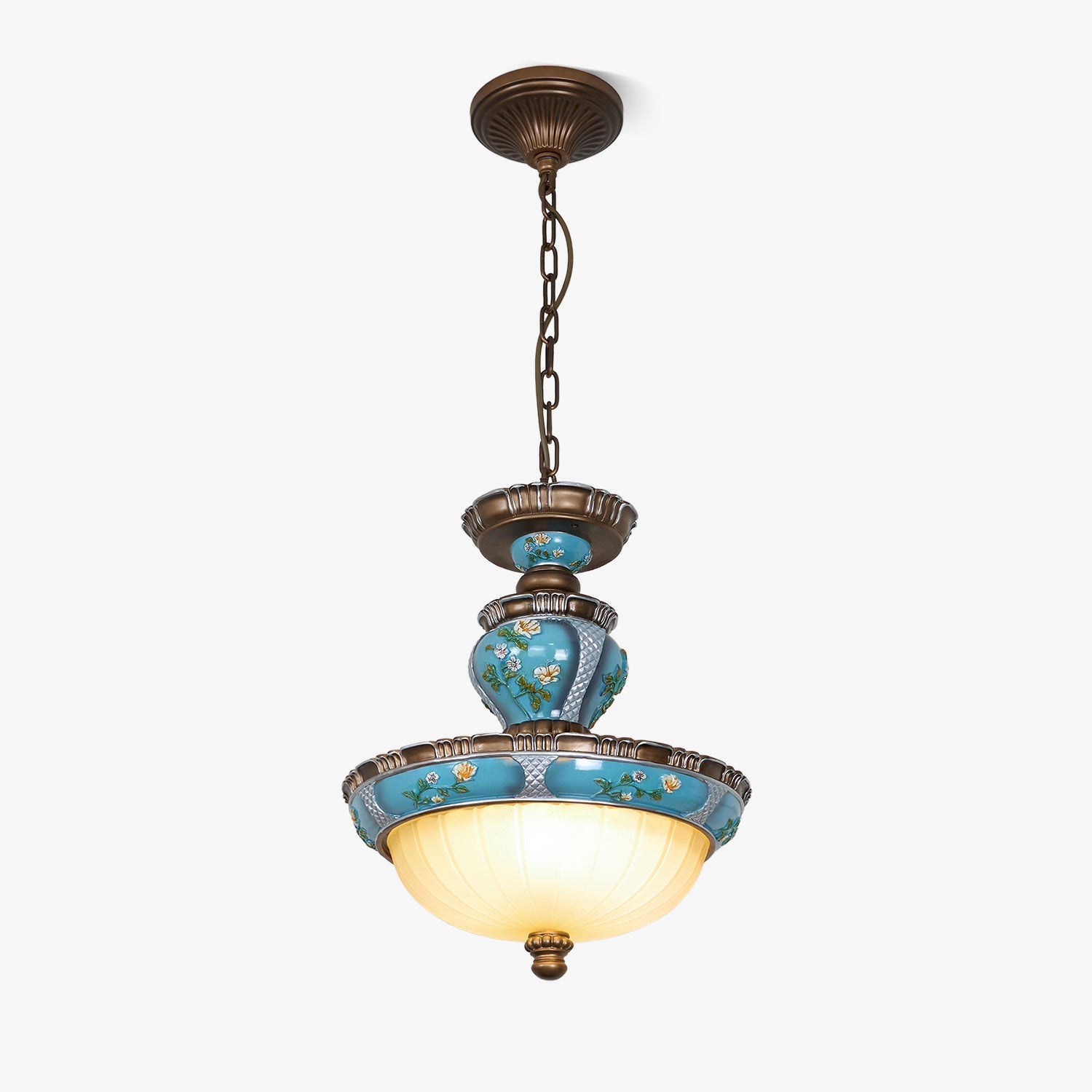 Vintage Blue Floral Resin Recessed Ceiling Light with White Glass Shade