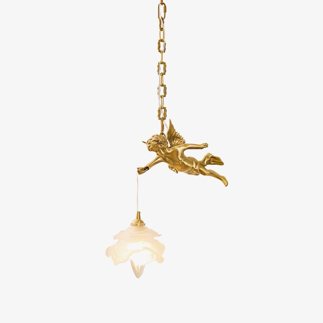 Vintage Brass Angel Figurine Pendant Light with Opaque Glass Shade