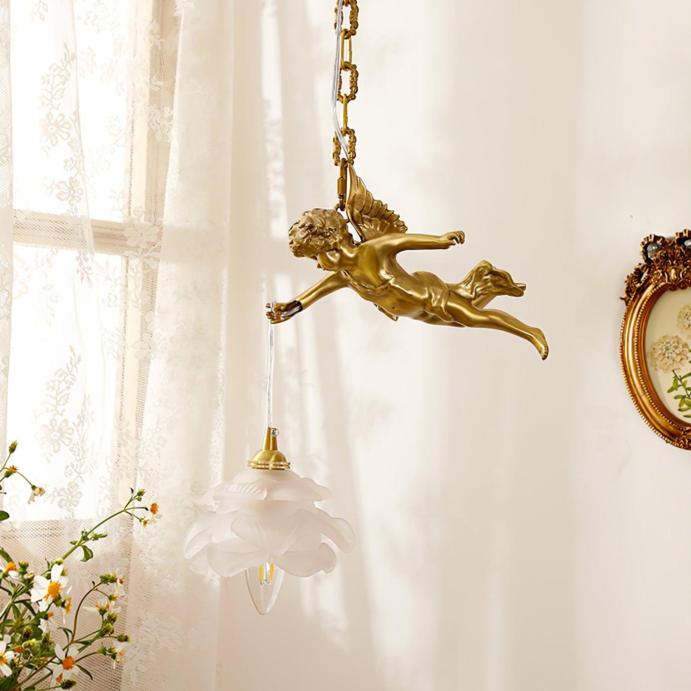 Vintage Brass Angel Figurine Pendant Light with Opaque Glass Shade