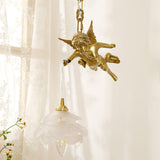 Vintage Brass Angel Figurine Pendant Light with Opaque Glass Shade