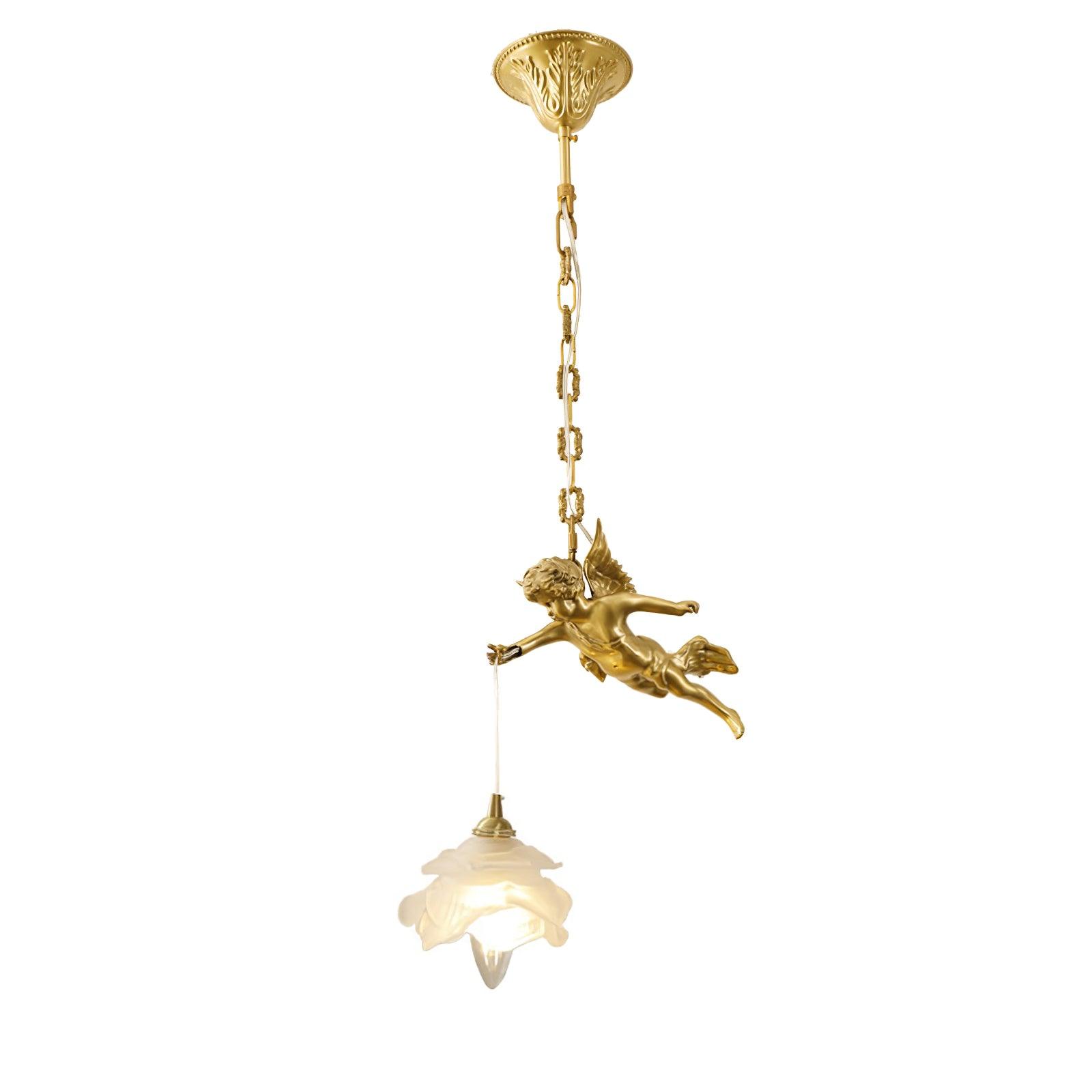 Vintage Brass Angel Figurine Pendant Light with Opaque Glass Shade