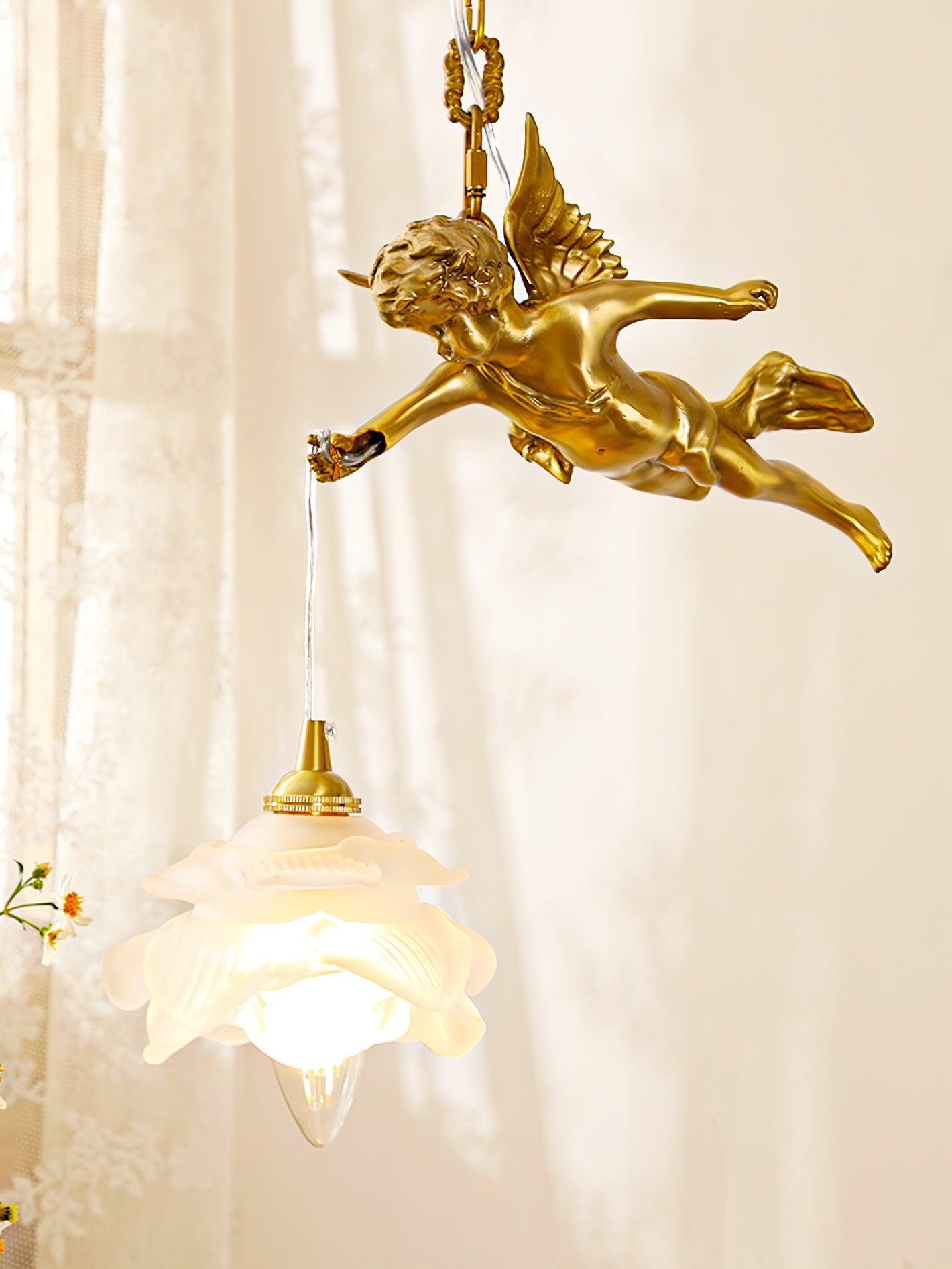 Vintage Brass Angel Figurine Pendant Light with Opaque Glass Shade