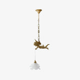 Vintage Brass Angel Figurine Pendant Light with Opaque Glass Shade