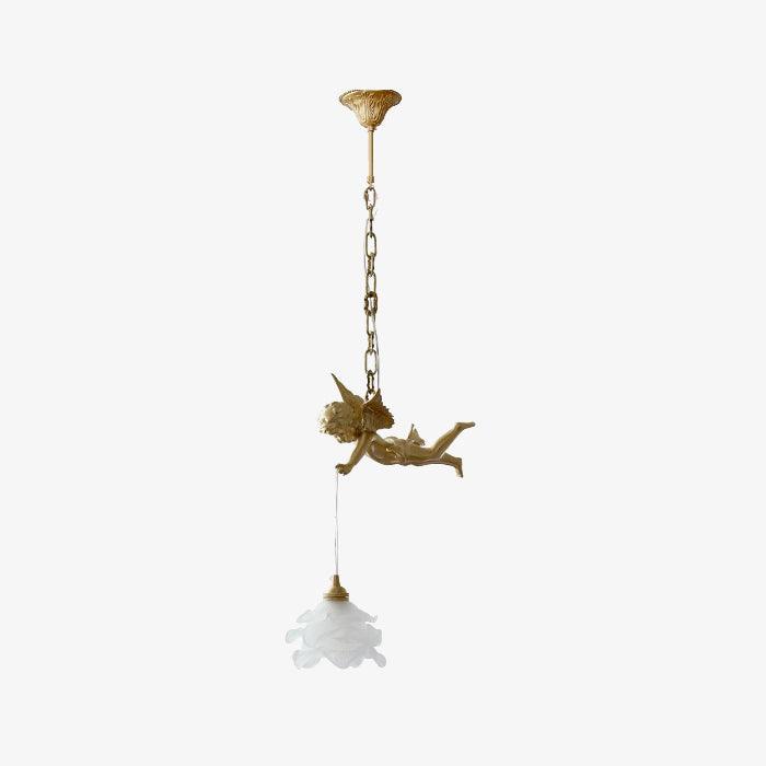 Vintage Brass Angel Figurine Pendant Light with Opaque Glass Shade