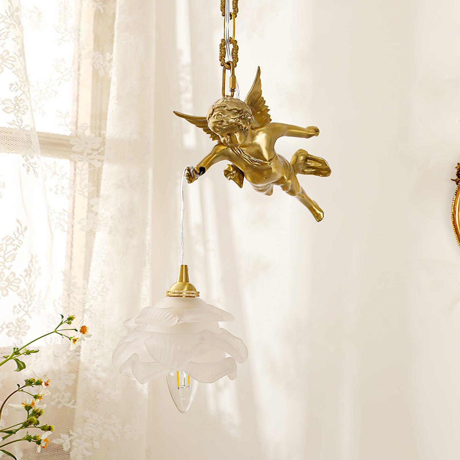 Vintage Brass Angel Figurine Pendant Light with Opaque Glass Shade