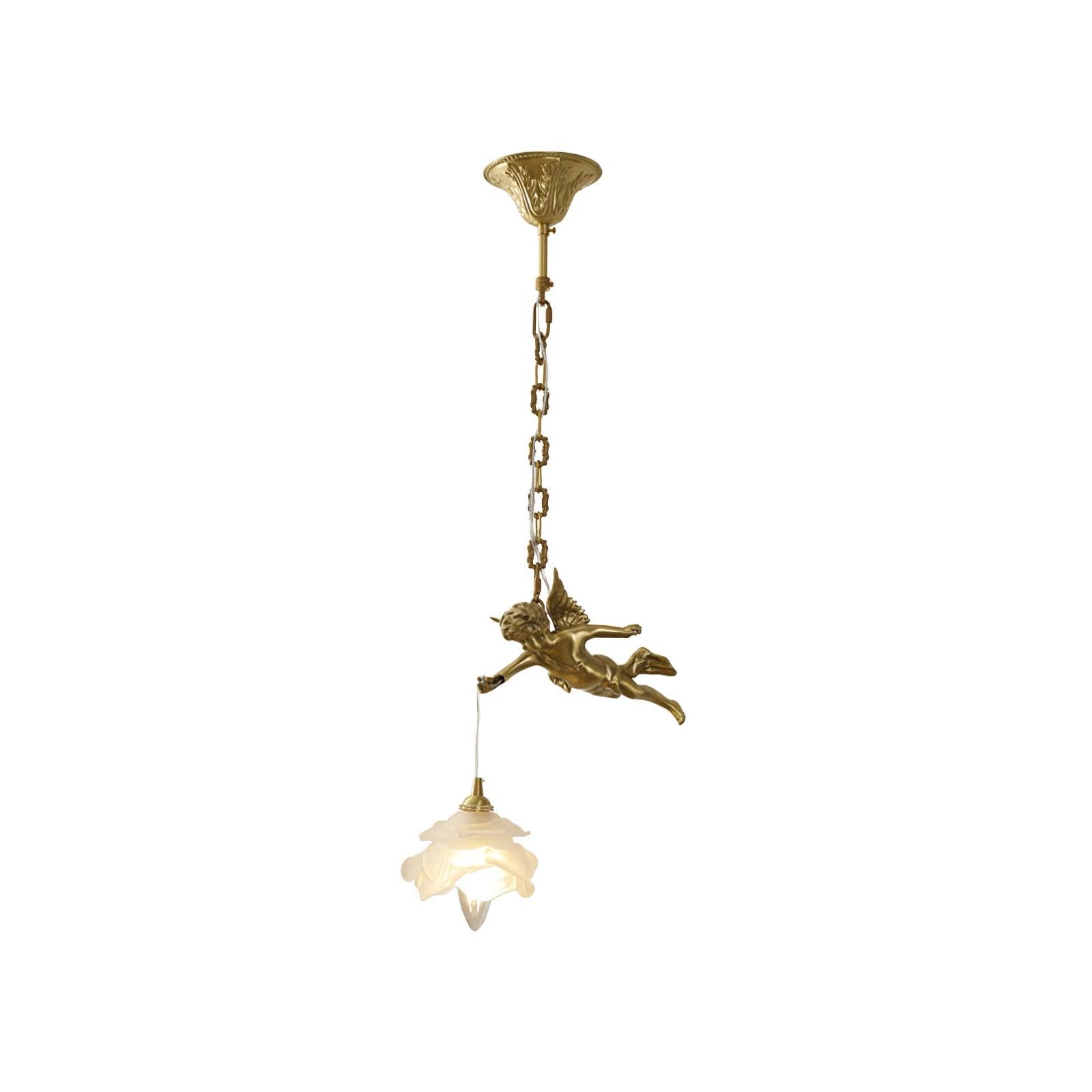 Vintage Brass Angel Figurine Pendant Light with Opaque Glass Shade