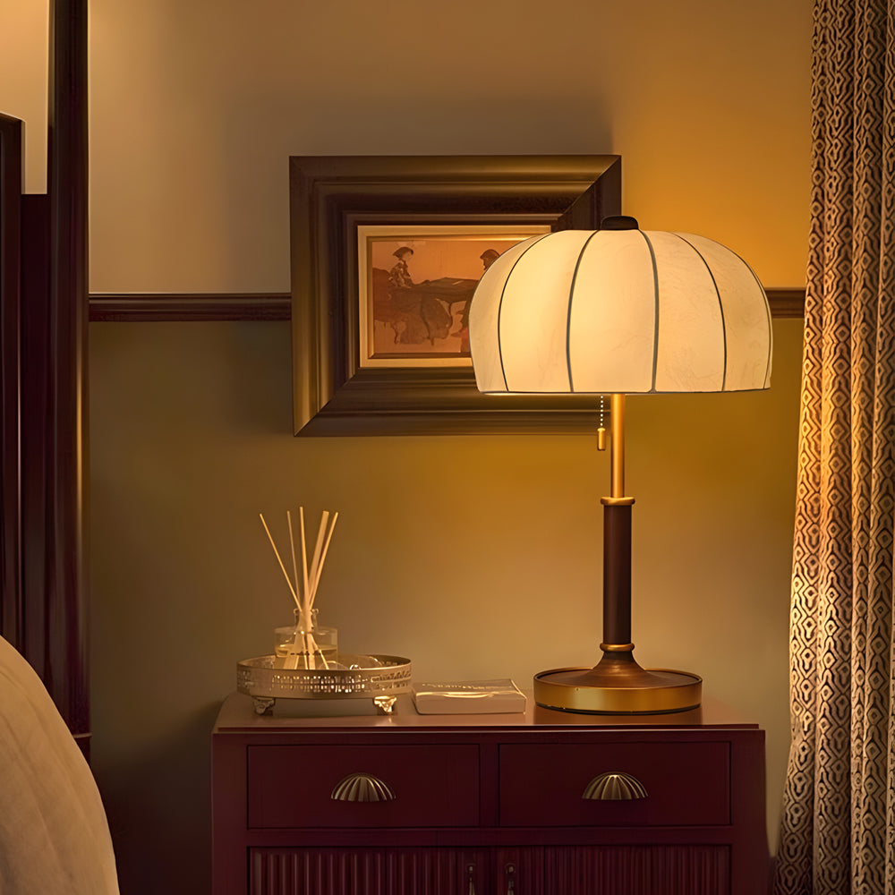 Vintage Brass Dome Table Lamp with Floral Fabric Shade and Pull Chain for Bedroom