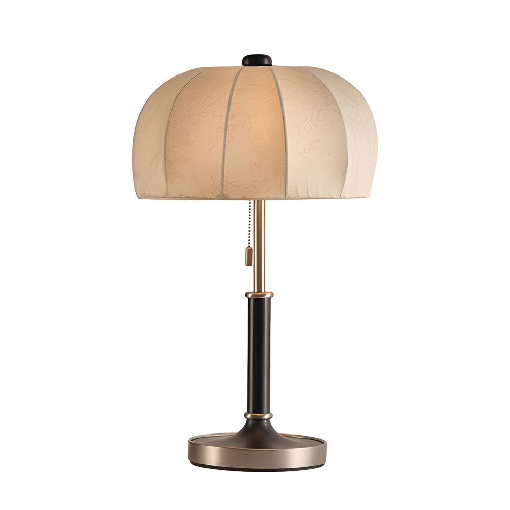 Vintage Brass Dome Table Lamp with Floral Fabric Shade and Pull Chain for Bedroom