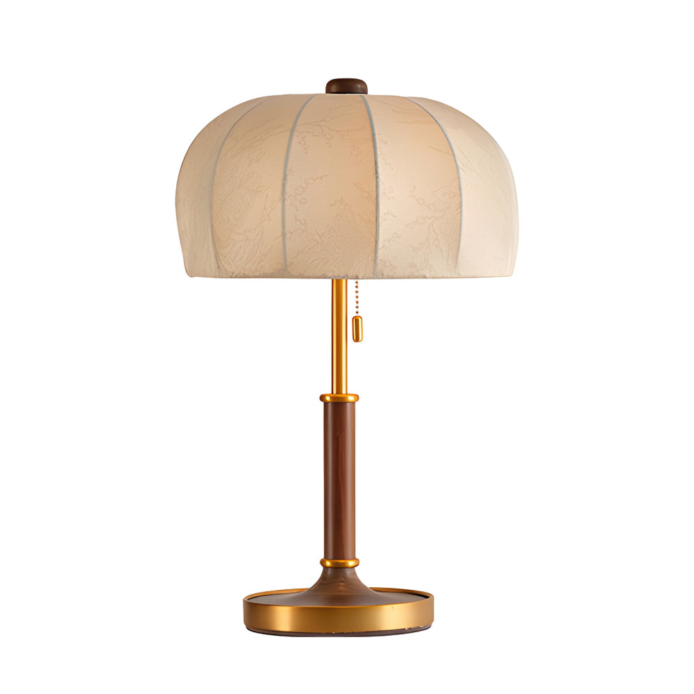Vintage Brass Dome Table Lamp with Floral Fabric Shade and Pull Chain for Bedroom