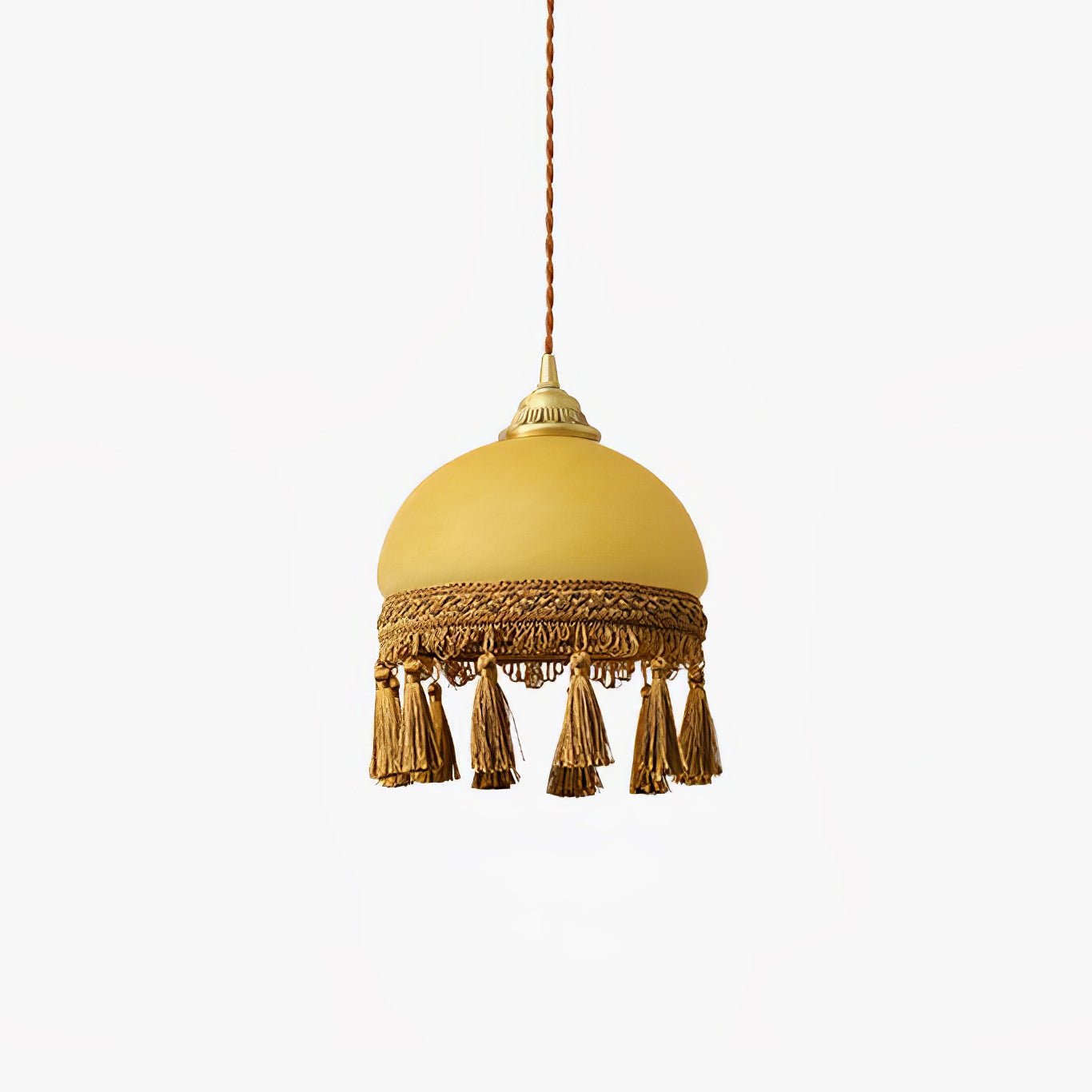 Vintage Brass Drop Light with French Tassels and Clear Blown Glass Globe