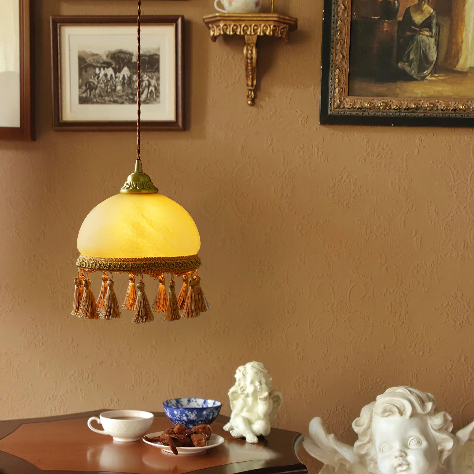 Vintage Brass Drop Light with French Tassels and Clear Blown Glass Globe