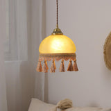 Vintage Brass Drop Light with French Tassels and Clear Blown Glass Globe