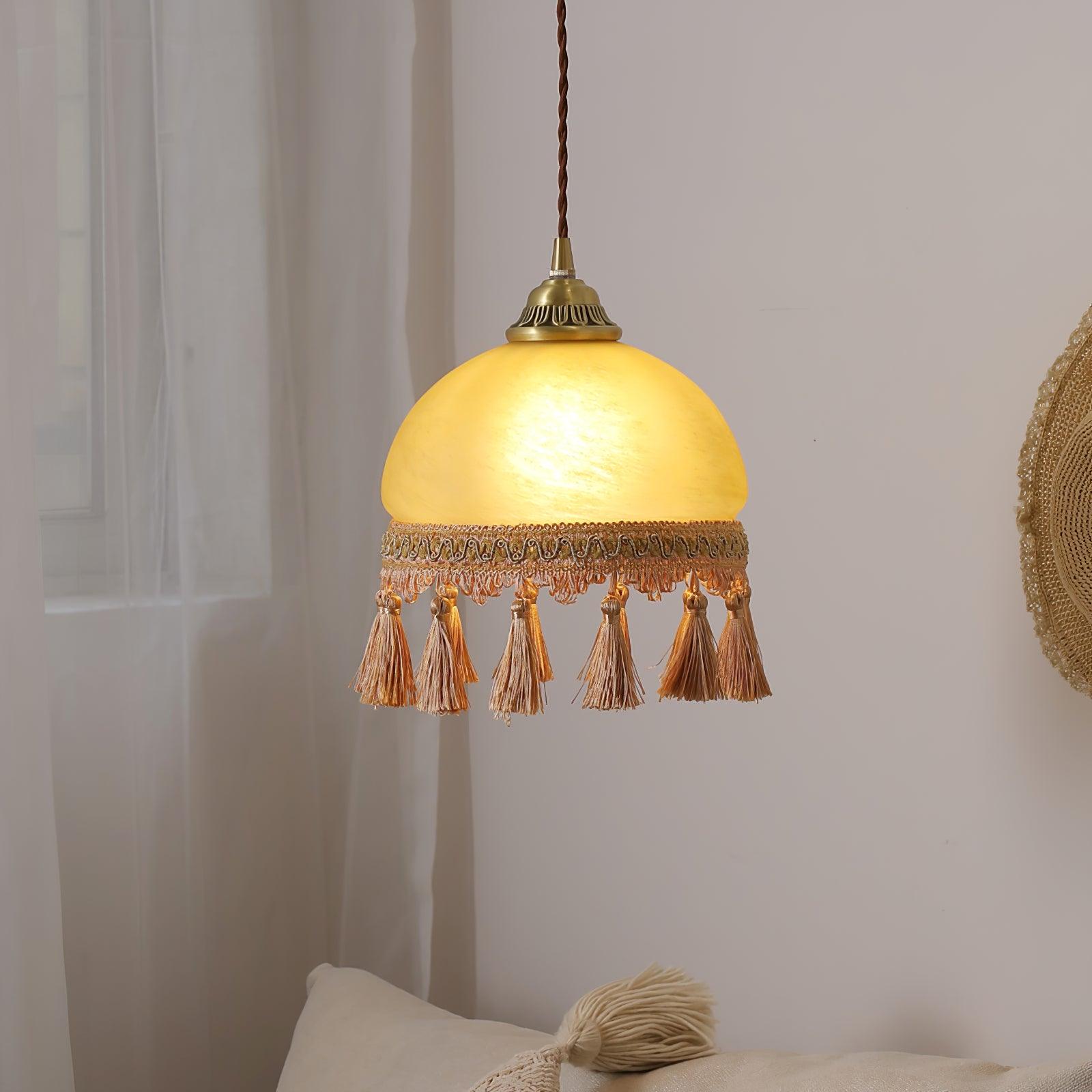 Vintage Brass Drop Light with French Tassels and Clear Blown Glass Globe