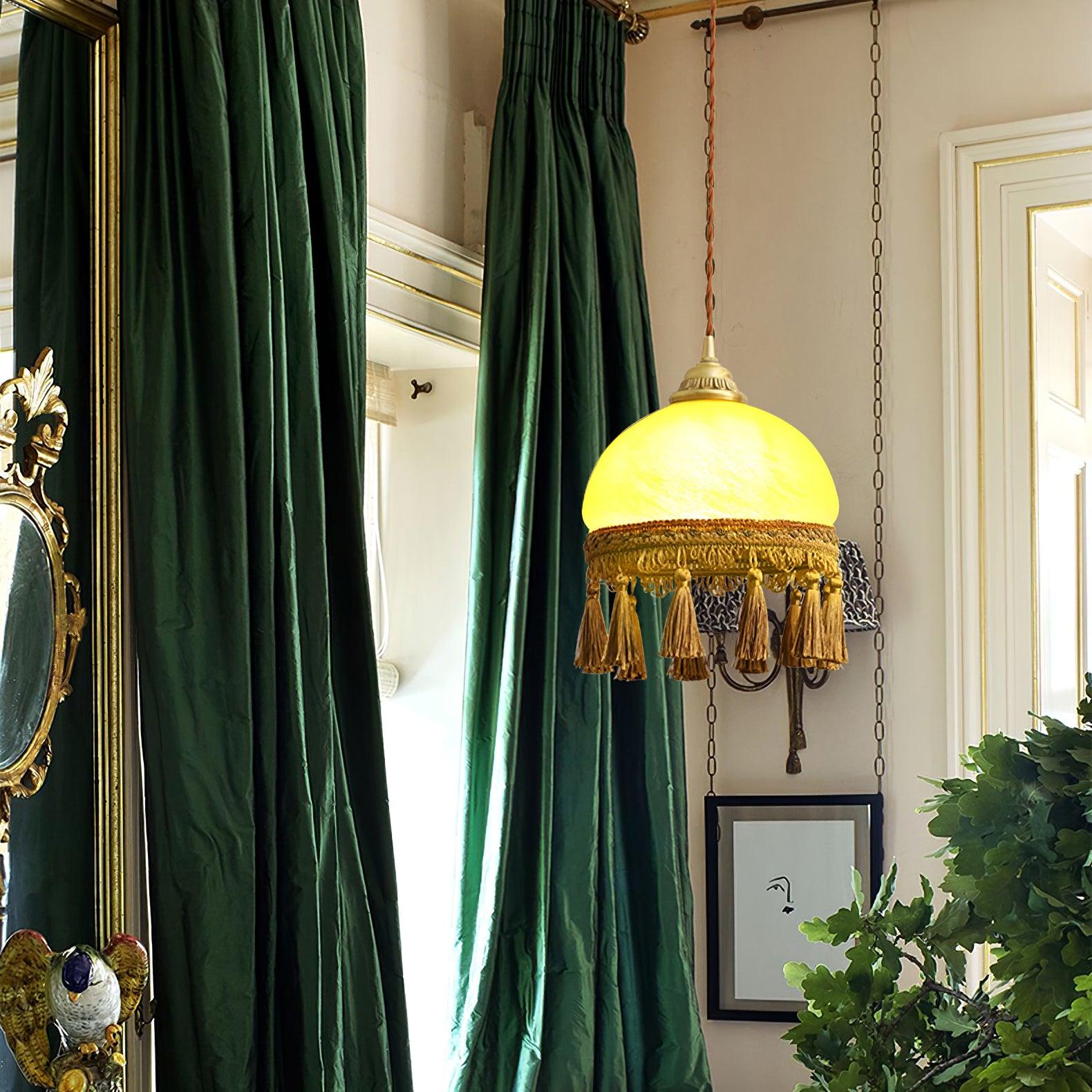 Vintage Brass Drop Light with French Tassels and Clear Blown Glass Globe