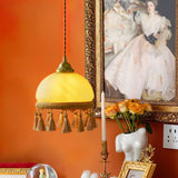 Vintage Brass Drop Light with French Tassels and Clear Blown Glass Globe