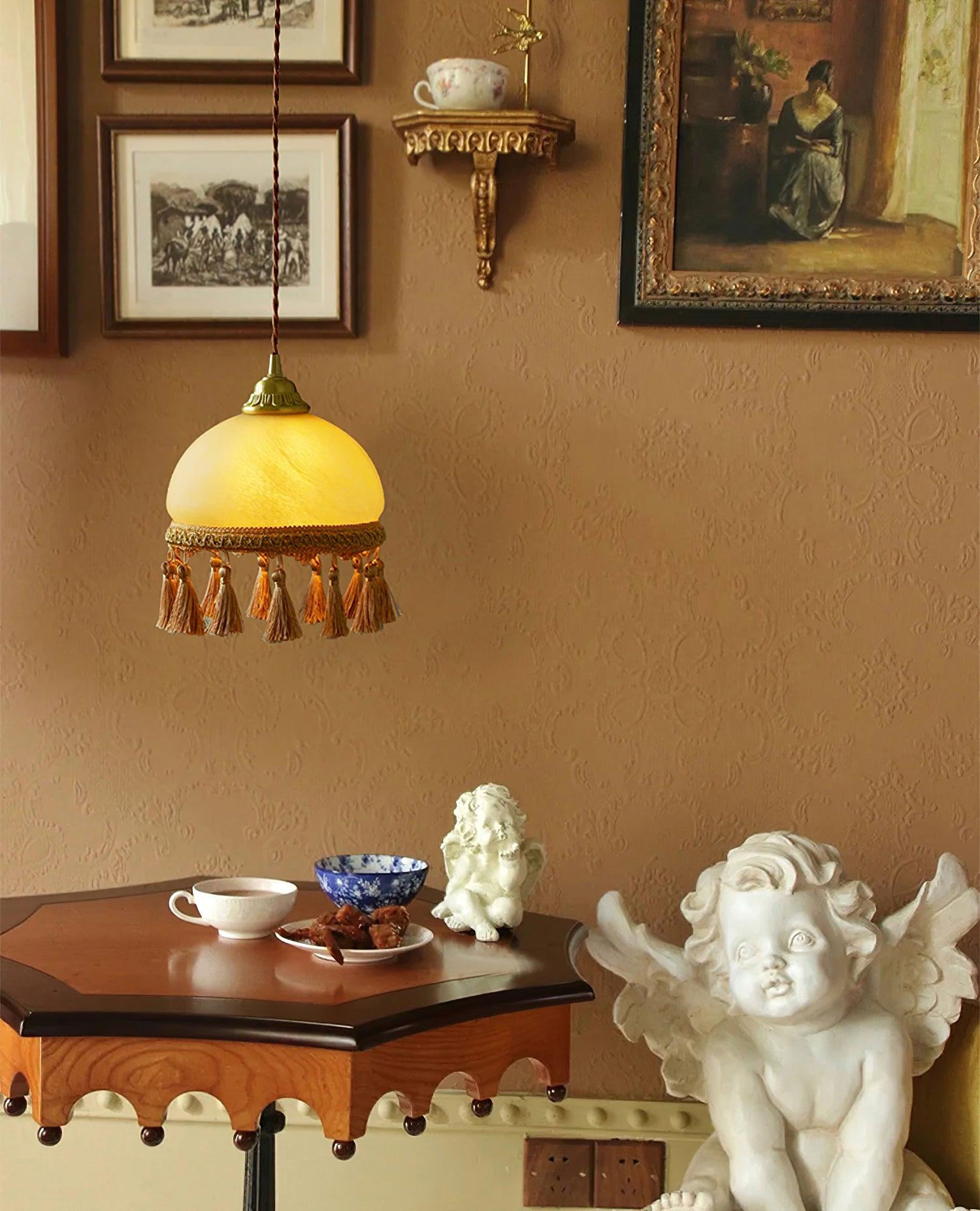 Vintage Brass Drop Light with French Tassels and Clear Blown Glass Globe