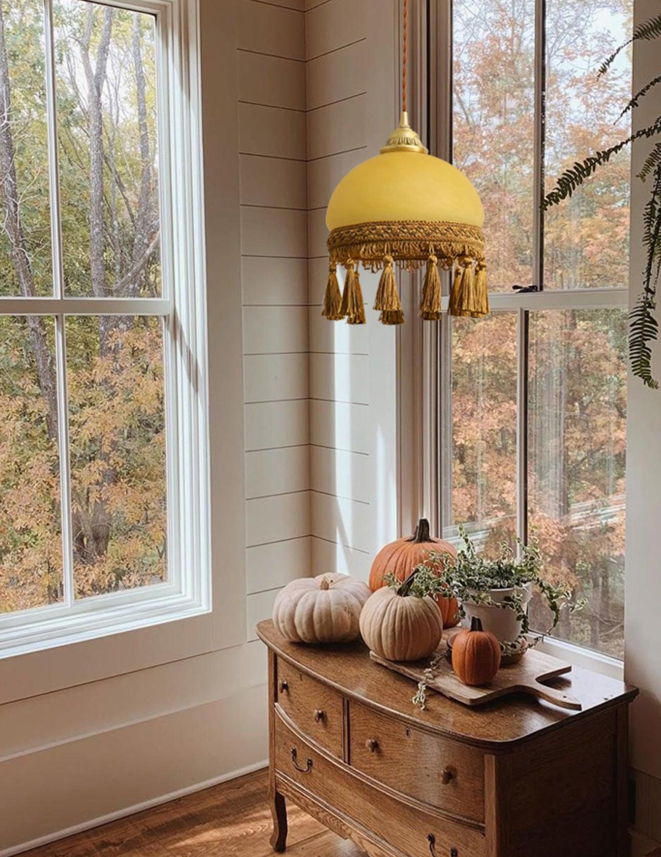 Vintage Brass Drop Light with French Tassels and Clear Blown Glass Globe