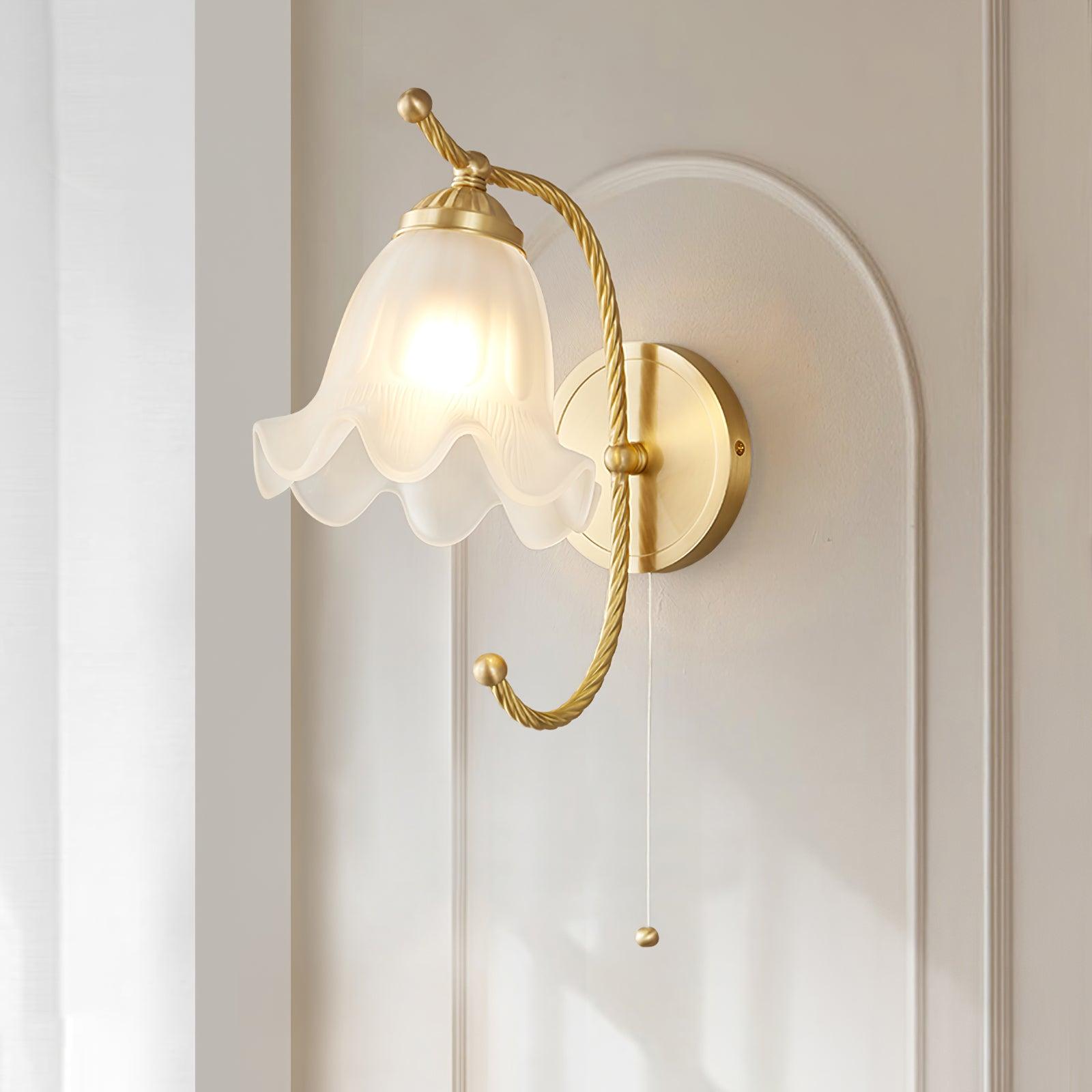 Vintage Brass Floral Glass Wall Sconce Set with Curved Gooseneck for Bedroom