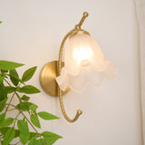 Vintage Brass Floral Glass Wall Sconce Set with Curved Gooseneck for Bedroom