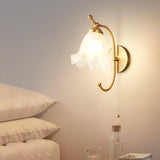 Vintage Brass Floral Glass Wall Sconce Set with Curved Gooseneck for Bedroom