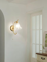 Vintage Brass Floral Glass Wall Sconce Set with Curved Gooseneck for Bedroom