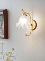 Vintage Brass Floral Glass Wall Sconce Set with Curved Gooseneck for Bedroom