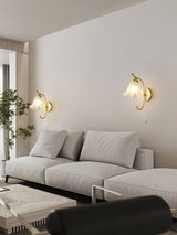 Vintage Brass Floral Glass Wall Sconce Set with Curved Gooseneck for Bedroom