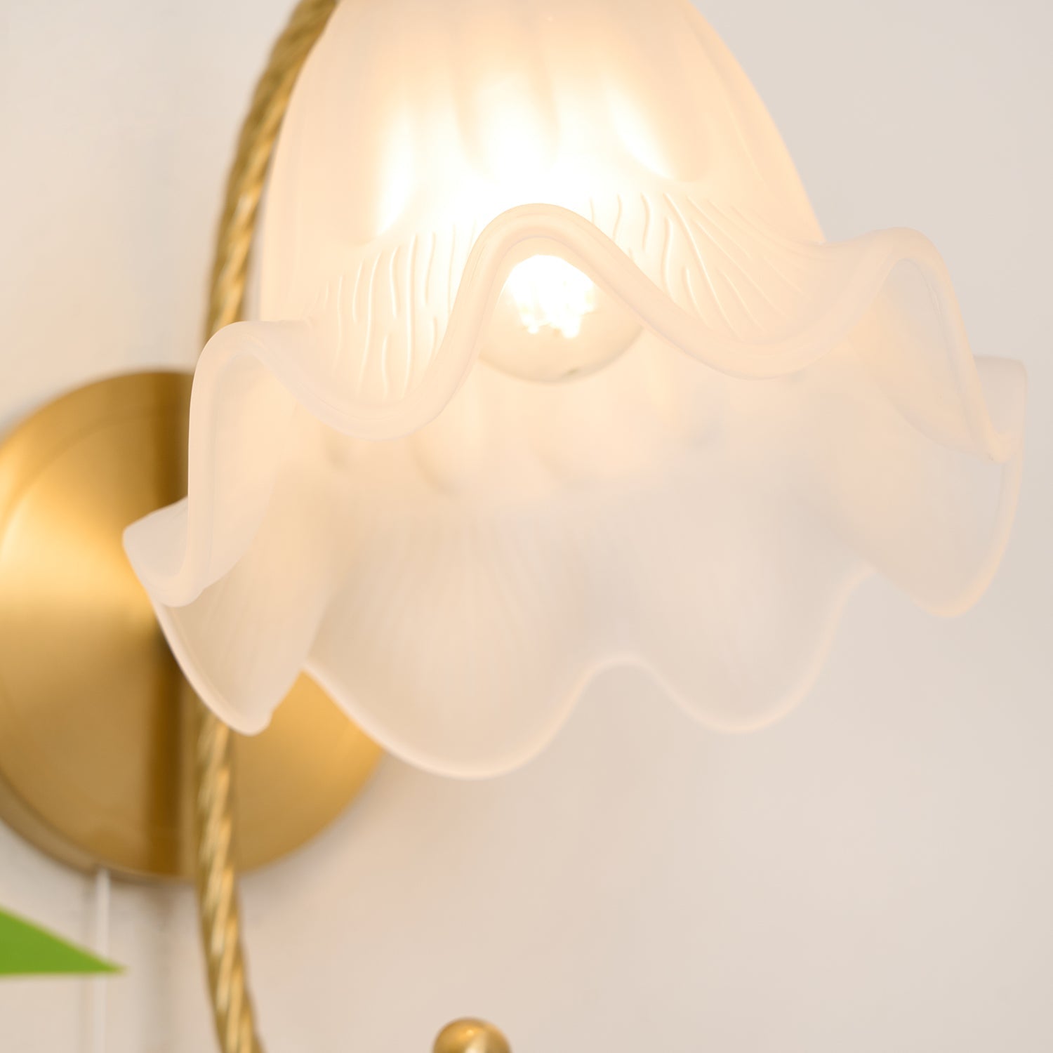 Vintage Brass Floral Glass Wall Sconce Set with Curved Gooseneck for Bedroom