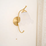 Vintage Brass Floral Glass Wall Sconce Set with Curved Gooseneck for Bedroom