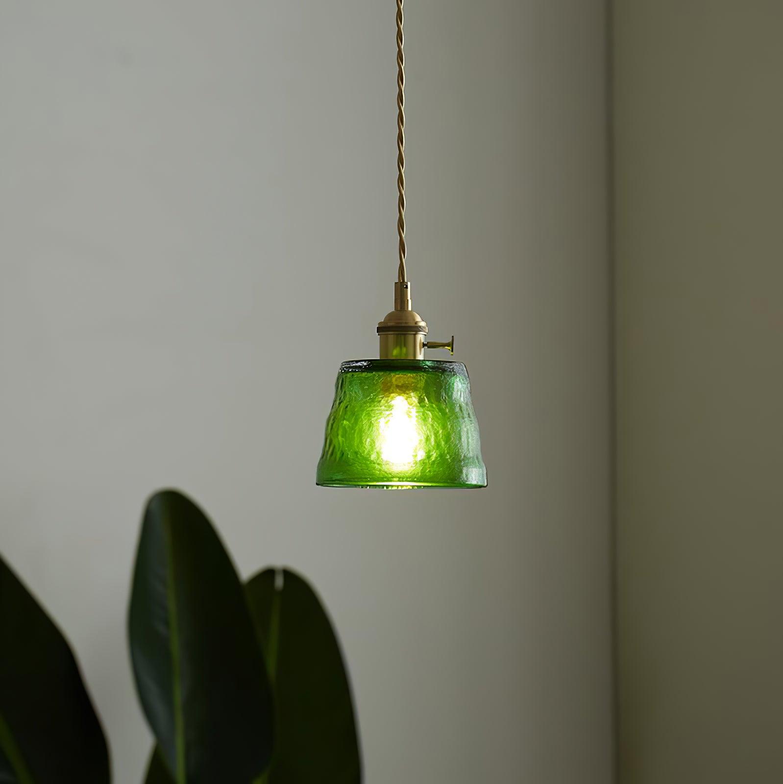 Vintage Brass Glass Cup Pendant Light with Amber Green and Clear Shades