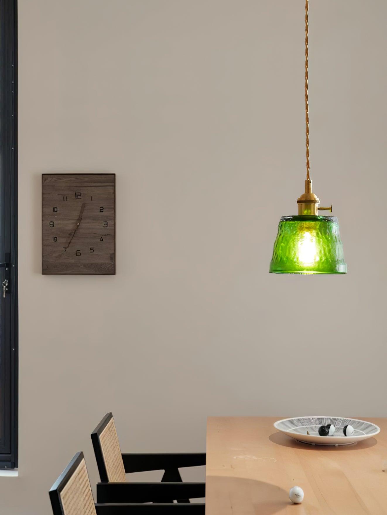 Vintage Brass Glass Cup Pendant Light with Amber Green and Clear Shades