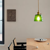 Vintage Brass Glass Cup Pendant Light with Amber Green and Clear Shades