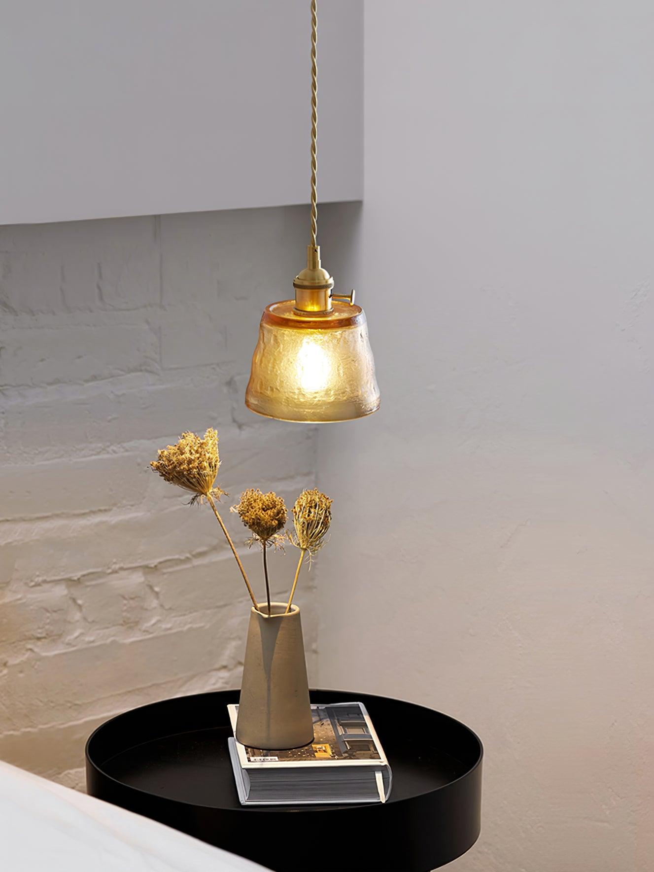 Vintage Brass Glass Cup Pendant Light with Amber Green and Clear Shades