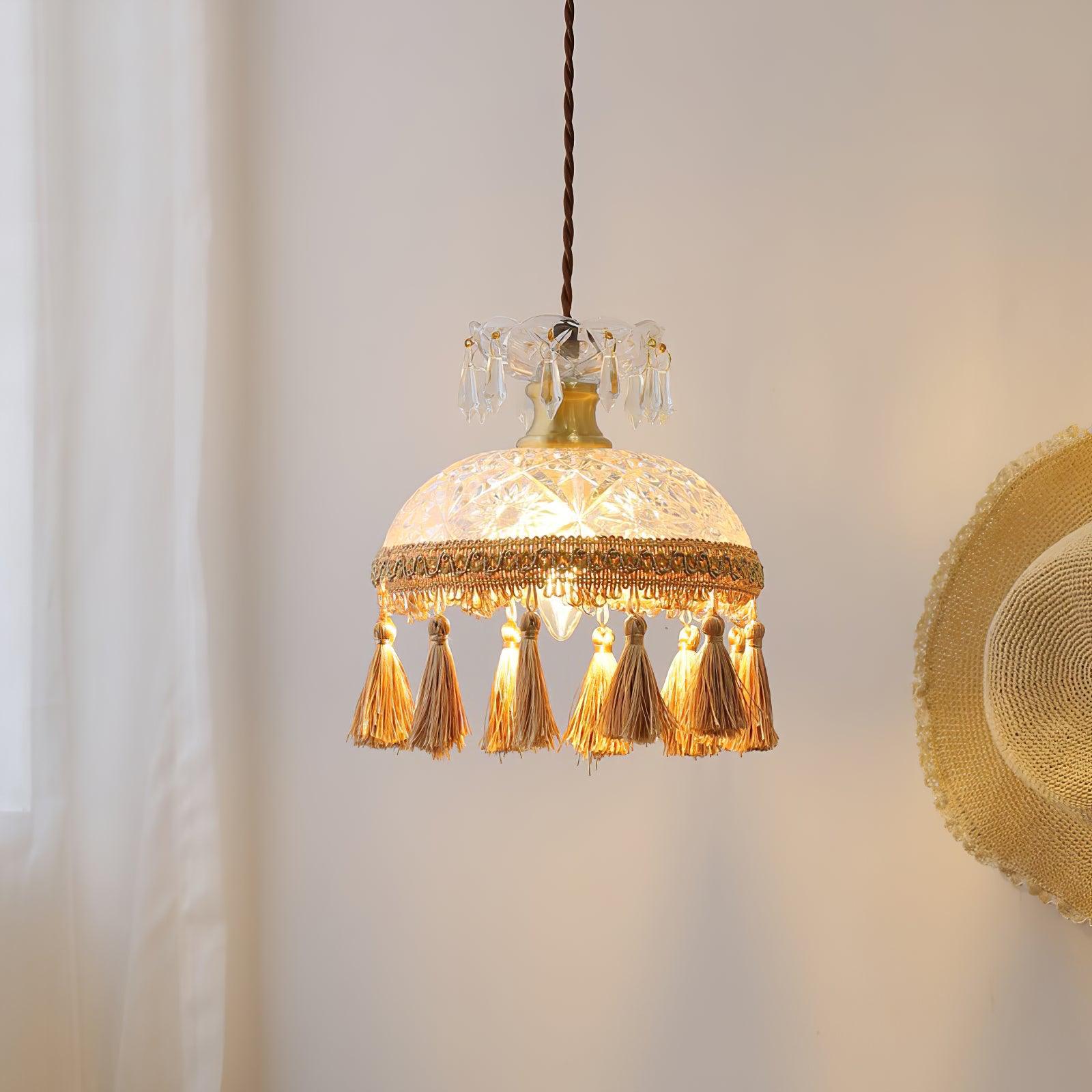 Vintage Brass Hammered Glass Bowl Tassel Pendant Light Elegant Ceiling Hanging Fixture