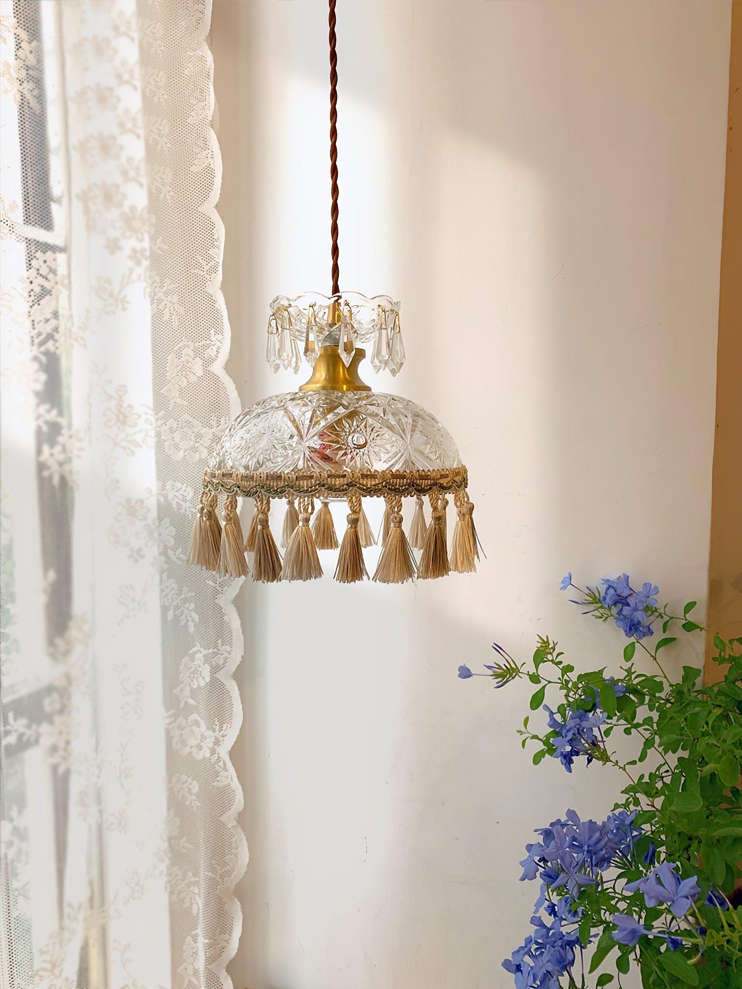 Vintage Brass Hammered Glass Bowl Tassel Pendant Light Elegant Ceiling Hanging Fixture