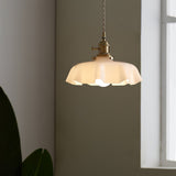 Vintage Ceramic Pleated Floral Pendant Light French Style Brass Hanging Ceiling Lamp