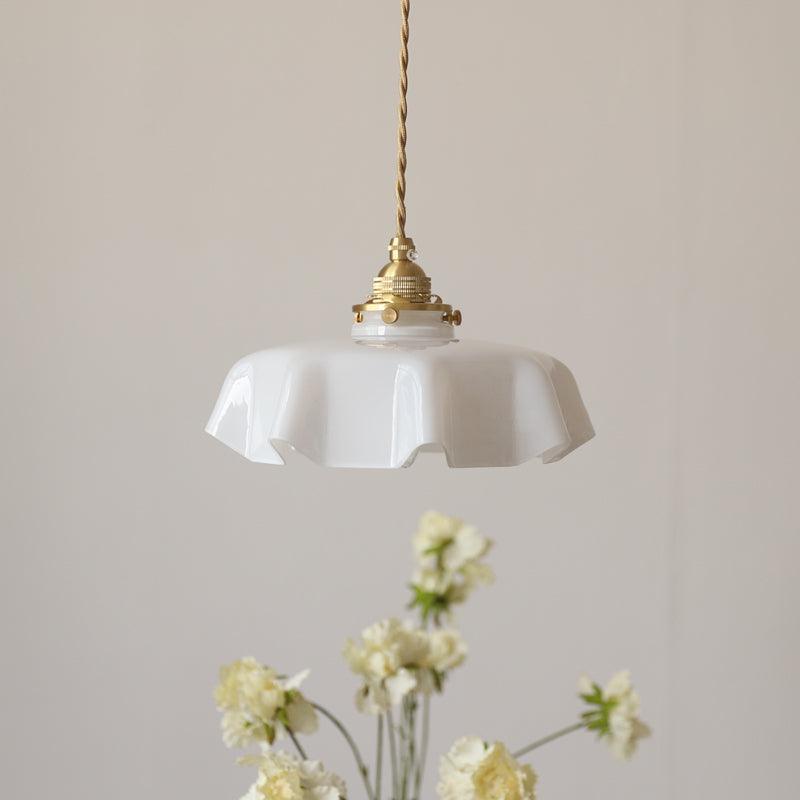 Vintage Ceramic Pleated Floral Pendant Light French Style Brass Hanging Ceiling Lamp