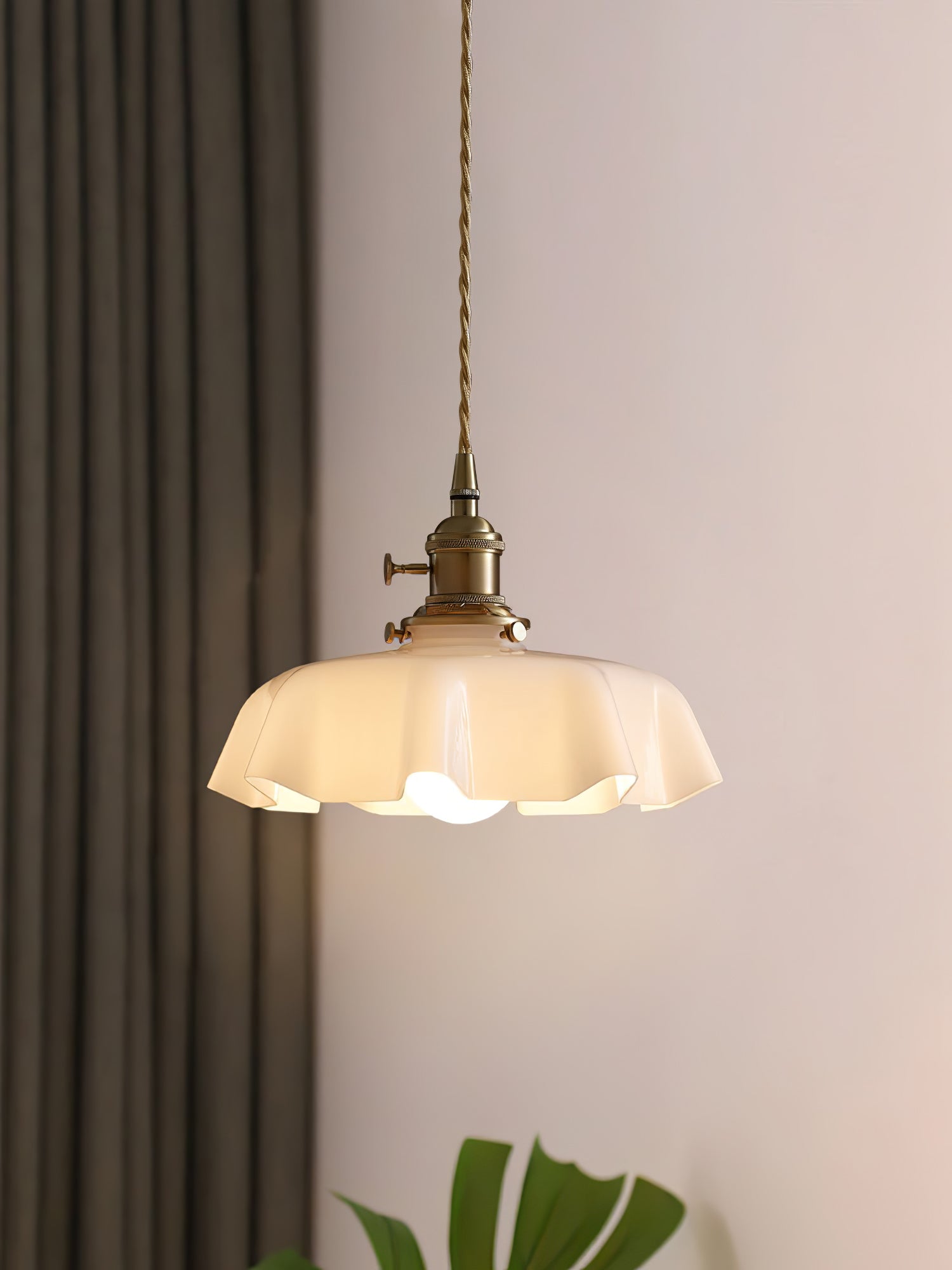 Vintage Ceramic Pleated Floral Pendant Light French Style Brass Hanging Ceiling Lamp