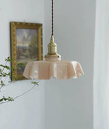 Vintage Ceramic Pleated Floral Pendant Light French Style Brass Hanging Ceiling Lamp