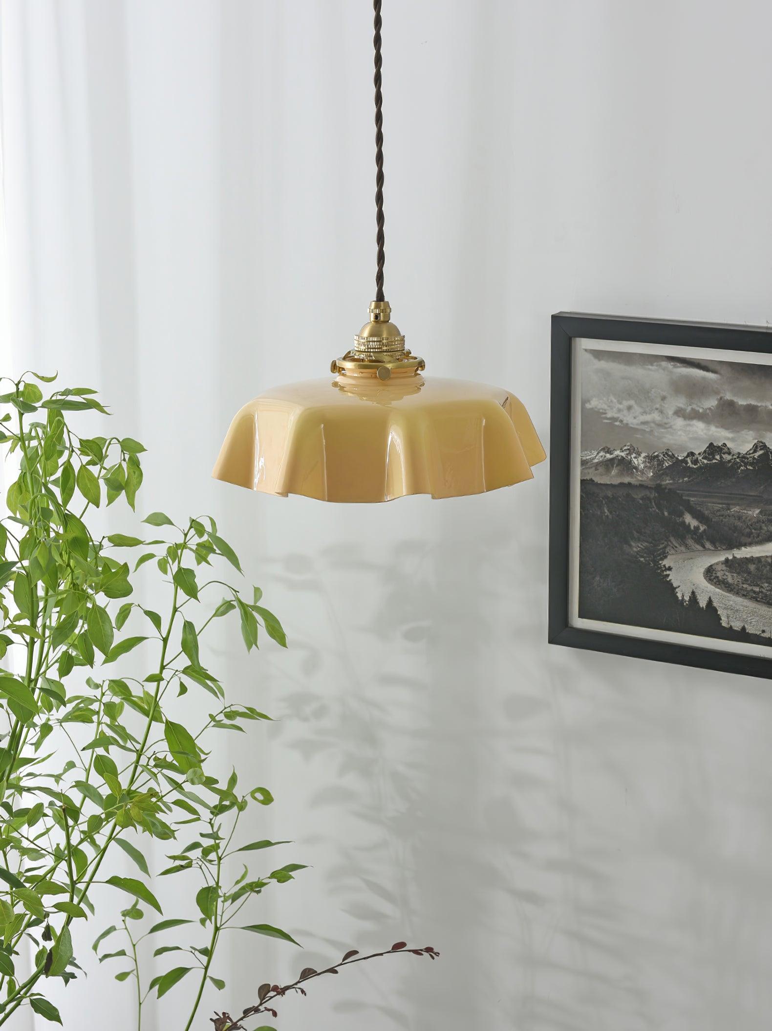 Vintage Ceramic Pleated Floral Pendant Light French Style Brass Hanging Ceiling Lamp