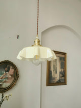 Vintage Ceramic Pleated Floral Pendant Light French Style Brass Hanging Ceiling Lamp