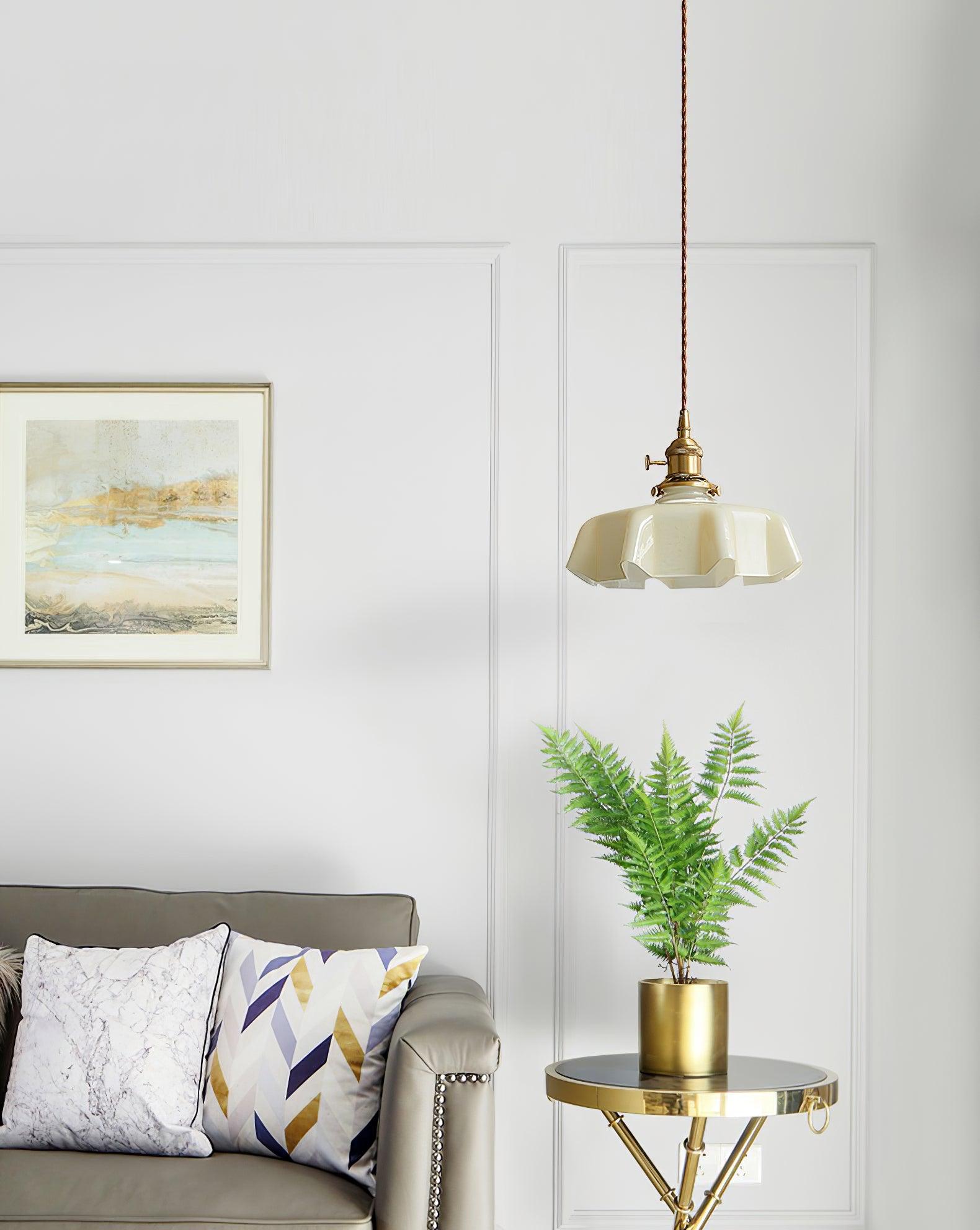Vintage Ceramic Pleated Floral Pendant Light French Style Brass Hanging Ceiling Lamp