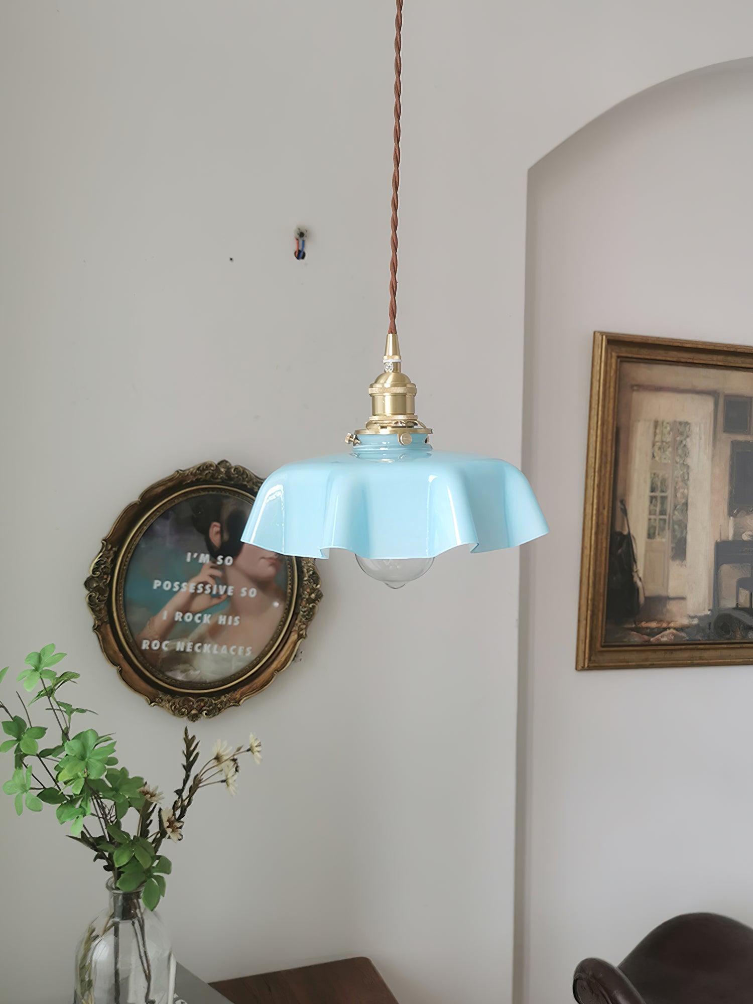 Vintage Ceramic Pleated Floral Pendant Light French Style Brass Hanging Ceiling Lamp